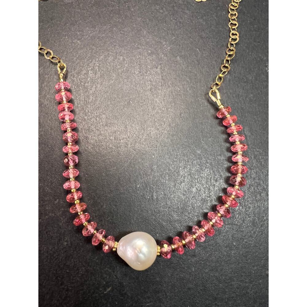 Gold Filled Necklace with Baroque Pearl and Pink Faceted Gemstone Beads